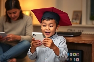 초등학교 졸업 선물로 스마트폰을 받는 아이와 부모