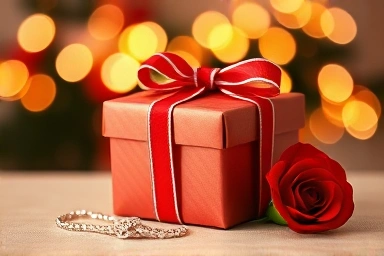 Festive gift box with jewelry and rose for Christmas.