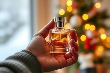 Elegant perfume bottle held by a hand, hinting at Christmas gift.