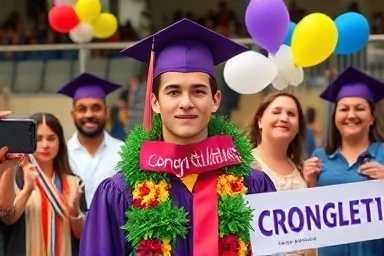 졸업식 인간 화환과 친구들의 축하 모습