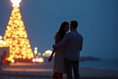 Couple enjoying Haeundae Christmas lights by the beach