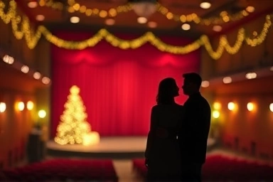 Cozy theater interior, couple anticipating a Christmas play