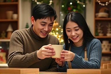Couple crafting ceramic mug at Christmas workshop