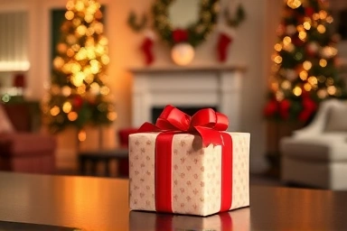 Thoughtfully wrapped Christmas gift in a cozy living room.