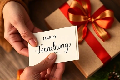 Hands adding a heartfelt card to a Christmas gift.