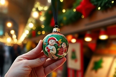 Hand holding a Christmas ornament, with festive market lights bokeh.
