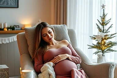 Pregnant woman resting comfortably with Christmas decorations