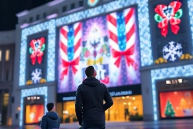 Couple enjoying magical Christmas light show at department store