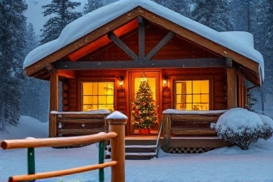 Cozy snow-covered cabin at Phoenix Park during Christmas.