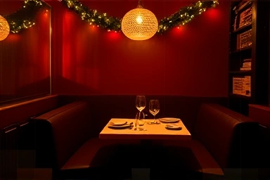 Cozy private dining room, romantic Christmas setting for couples.
