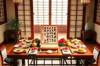 설날 차례상에 정갈하게 차려진 음식과 지방