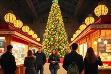 Cozy indoor Christmas market with large tree and couples.