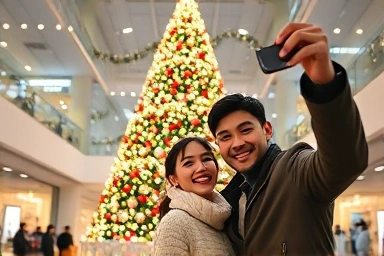 Couple taking selfie in front of giant Christmas tree.