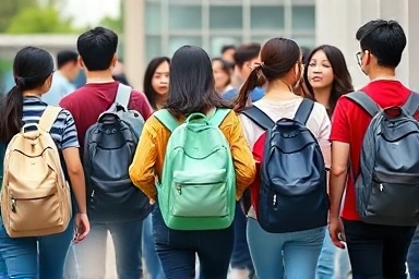 중고등학생들이 다양한 백팩을 메고 등교하는 모습