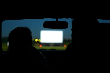 Cozy car interior, couple, drive-in movie, romantic night