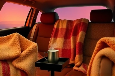 Warm car interior, blankets, cushions, popcorn, cozy movie night