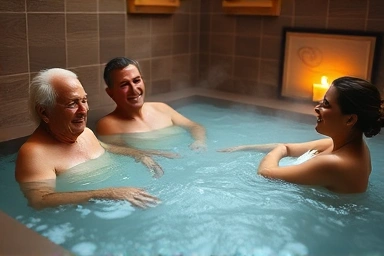 Warm family hot spring, parents relaxing, bonding, winter travel