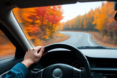 Driver's hands on steering wheel, blurred autumn leaves through windshield.
