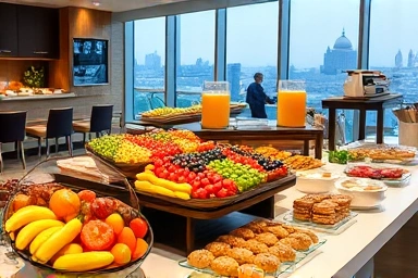 Abundant breakfast buffet with fresh food and city view
