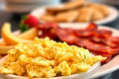 Delicious breakfast plate with eggs, bacon, and fruit