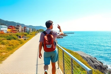 Solo traveler enjoying Busan coastal walk, sea view