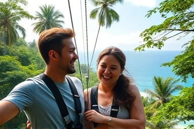 Couple zip-lining in tropical paradise