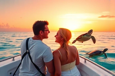 Couple watching sea turtles at sunset