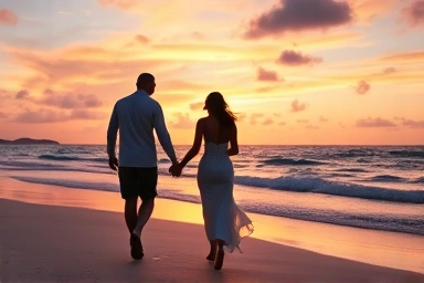 Couple walking on a romantic beach at sunset