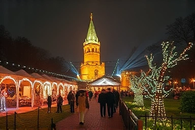 Magical night festival with twinkling lights and illuminated garden.