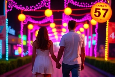 Couple enjoying a romantic walk through a vibrant, illuminated festival pathway.