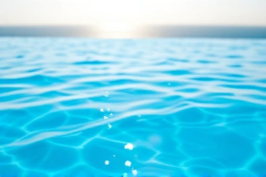 Close-up of infinity pool water with sea horizon.