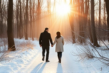 Couple walking in snowy Gangwon forest