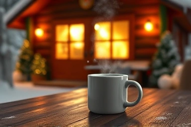 Cozy winter cabin with hot chocolate