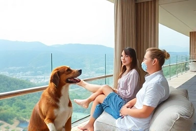 Dog and owner enjoying scenic Gangwon Province resort view.