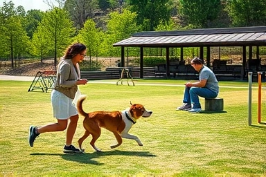 Family and dog playing in resort's dedicated dog park.