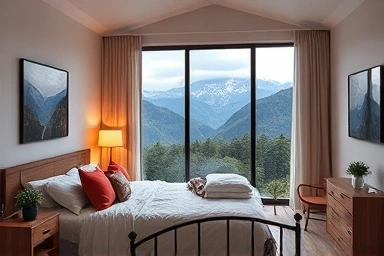 Cozy duplex pension bedroom with scenic nature view.