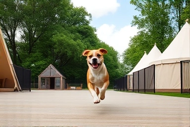 Happy dog enjoying a spacious, fenced glamping outdoor area.