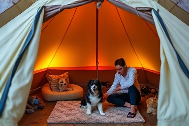 Cozy glamping interior with dog amenities and a person petting a dog.