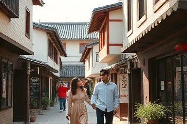 Couple in charming Korean alleyway, hanok, cafes, romantic date