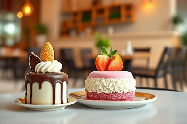 Unique, artistic desserts at a cozy, aesthetic cafe