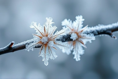 Close-up snow flowers, frost crystals on branch, winter macro