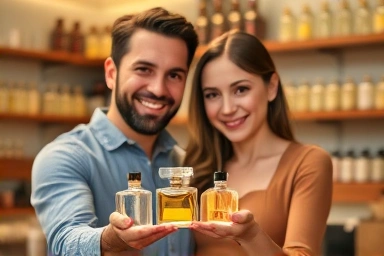 Couple creating personalized perfume in a cozy Hongdae workshop.
