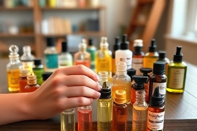 Artistic arrangement of perfume ingredients and tools in a workshop.