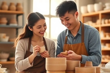 Couple crafting pottery in a bright Hongdae workshop
