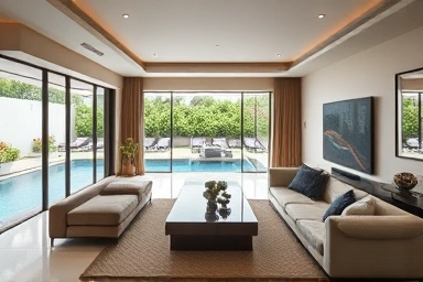 Elegant interior of a luxury Jeju villa, highlighting comfort and exclusivity