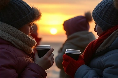 People bundled in warm clothes watching Jeongdongjin sunrise