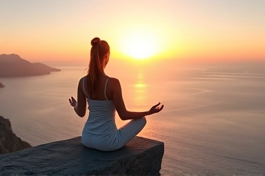 Woman meditating on cliff overlooking ocean at sunrise.