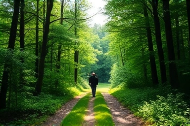 Person walking on forest trail with dappled sunlight.