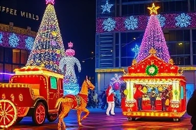 Magical Christmas parade at Lotte World with festive floats and performers.