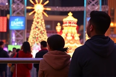 Family enjoying a Lotte World Christmas parade from a prime viewing spot.